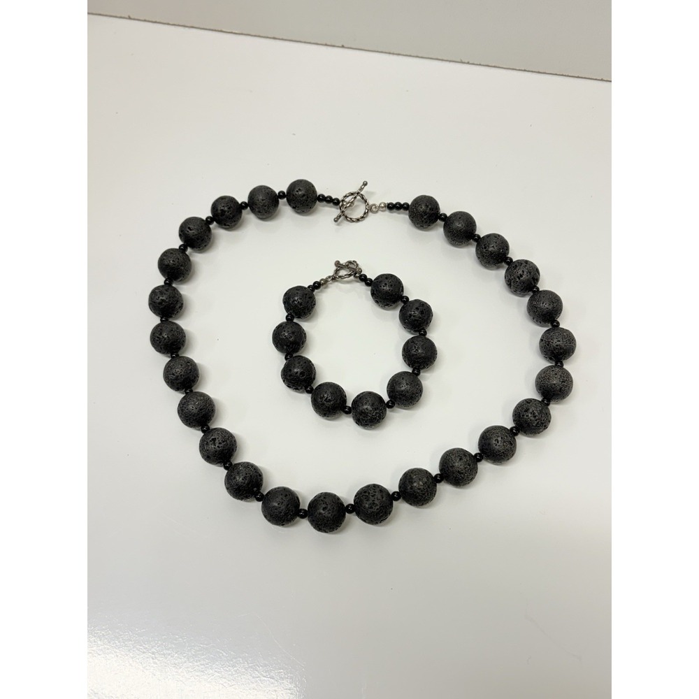 Natural Matte Black Lava Rock‎ Stone Bracelet Bracelet And Necklace Set
